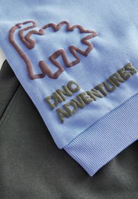 Niebieski rękaw swetra z brązowym logo dinozaura i zielonym napisem "DINO ADVENTURES", z prążkowanym mankietem na ciemnym tle.