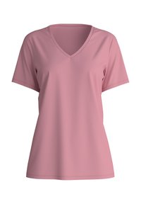 V-hals, T-shirt met korte mouwen in zachte roze stof. Heeft een relaxed fit, een gladde textuur en minimale stikaccenten.