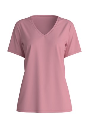 T-shirt à col en V et à manches courtes en tissu rose doux. Présente une coupe décontractée, une texture lisse et des accents de couture minimaux.