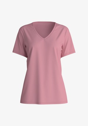 V-hals, T-shirt met korte mouwen in zachte roze stof. Heeft een relaxed fit, een gladde textuur en minimale stikaccenten.