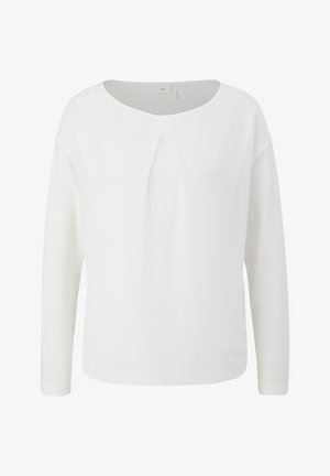 Pikkade varrukatega valge särk ümmarguse kaelusega, millel on peene eesmine voldi detail ja pehme, sile tekstuur.