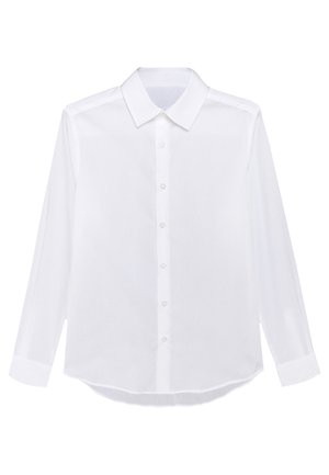 Biała koszula na długi rękaw z guzikami, z ostro zakończonym kołnierzykiem i mankietami, ułożona na płasko z widocznymi guzikami z przodu.