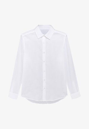 Camicia bianca a maniche lunghe con bottoni, colletto appuntito e polsini, mostrata distesa con i bottoni frontali visibili.