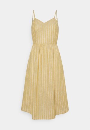 Robe d'été jaune rayée avec fines bretelles, un corsage ajusté et une jupe évasée atteignant le milieu du mollet. Tissu texturé avec des lignes verticales.