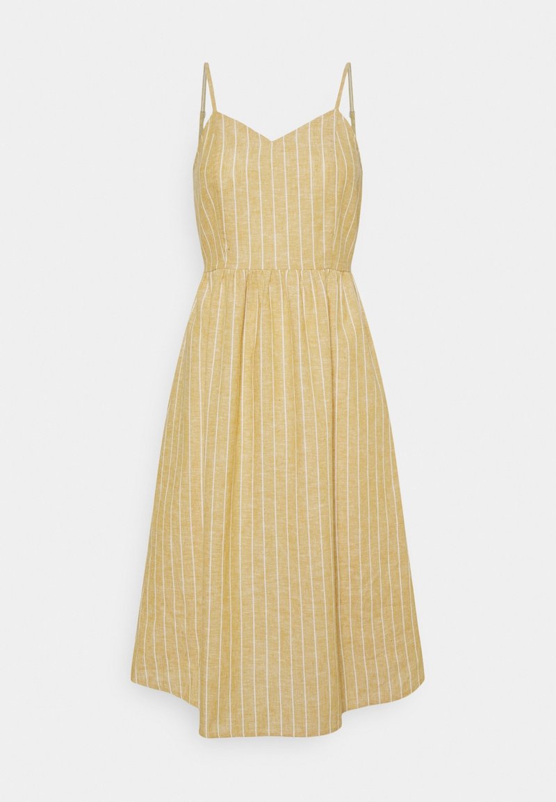 Robe d'été jaune rayée avec fines bretelles, un corsage ajusté et une jupe évasée atteignant le milieu du mollet. Tissu texturé avec des lignes verticales.