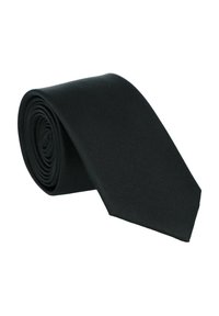 Black tie, made of smooth fabric, rolled into a spiral. Features a classic pointed end. Simple, solid color with no patterns or embellishments.