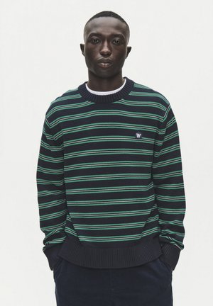 Jeune homme à la peau foncée portant un pull rayé noir et vert et un pantalon foncé, debout devant un fond blanc uni.