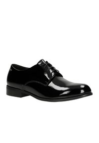 Black patent leather dress shoe with a pointed toe, smooth finish, lace-up design, and a sturdy low heel. Clean lines and minimal detailing.