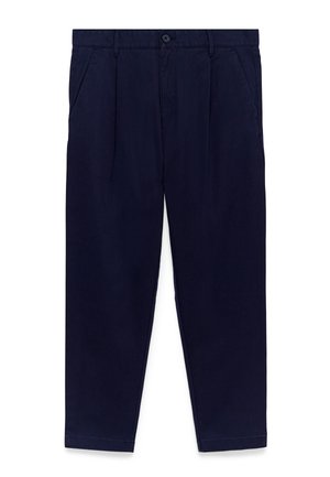 Marineblauwe broek van gladde stof, met voorplooien, riemlussen en zijzakken. Rechte pijpen met een nette afwerking.
