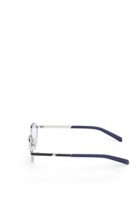 Kulaté stříbrné brýle s kovovým rámem, transparentními čočkami a modrými gumovými koncovkami. Elegantní design s minimem hardwarových akcentů.