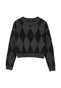 Schwarzer und grauer, kurz geschnittener Pullover mit einem Rautenmuster, gestrickter Textur und rundem Ausschnitt mit gerippten Bündchen und Saum.