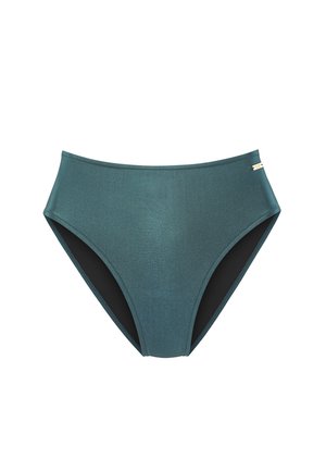 Slip bikini a vita alta di colore turchese con una texture lucida, bordatura nera a contrasto e un piccolo dettaglio dorato sul lato.