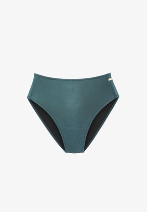 Slip bikini a vita alta di colore turchese con una texture lucida, bordatura nera a contrasto e un piccolo dettaglio dorato sul lato.
