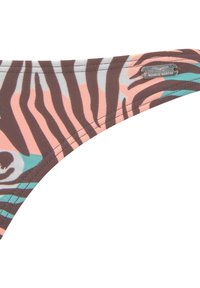 Gemusterte Bikiniunterteile mit Zebra-Streifen in Braun, Pink und Teal, einem silbernen Logodetail und glatter Stoffstruktur.