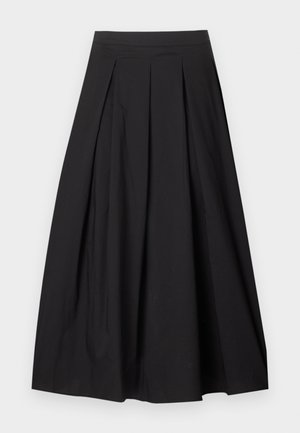 Must mustrilist midi seelik, millel on vormitud vöökoht, sile eesmine osa ja A-lõikeline siluett ühtlasel heledal taustal.