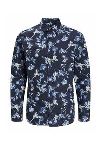 Camicia a maniche lunghe blu navy con motivo floreale in azzurro chiaro e bianco, colletto con bottoni e vestibilità standard con orlo curvo.