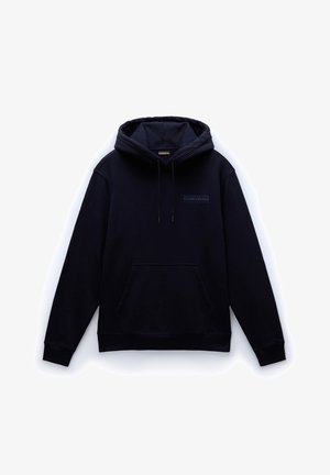 Granatowy hoodie wykonany z materiału bawełnianego, z kapturem na sznurki, przednią kieszenią, ściągaczami na rękawach oraz subtelnym logo na klatce piersiowej.