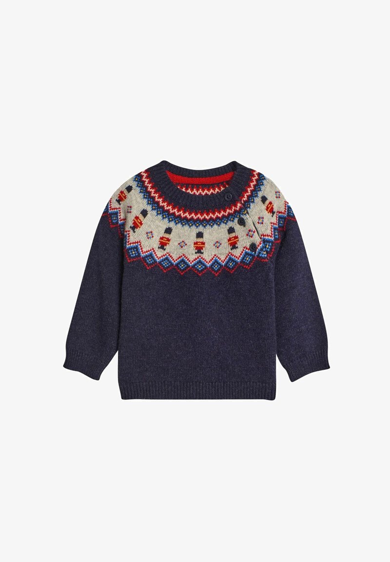 Tumedat sinine kudum, millel on mitmevärviline Fair Isle muster, ümar kaelus ja nööbiekspeditsioon õlgadel. Pehme tekstuur.