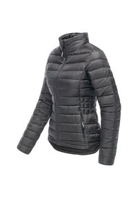 Black quilted women's puffer jacket with full front zipper, high collar, and fitted shape shown on plain white background.