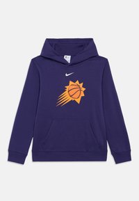 Fialová mikina s kapucí a přední kapsou, na které je grafika oranžového slunce a basketbalového míče. Obsahuje bílé logo Nike na hrudi. Materiál z bavlněné směsi.