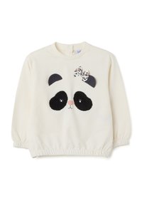 Crèmekleurige peuterhoodie met panda-gezichtontwerp, zwarte oren, gestructureerde oogpatches, een roze neus en een panterprint strik op één oor.