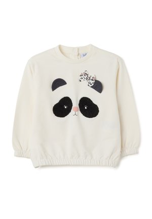 Crèmekleurige peuterhoodie met panda-gezichtontwerp, zwarte oren, gestructureerde oogpatches, een roze neus en een panterprint strik op één oor.