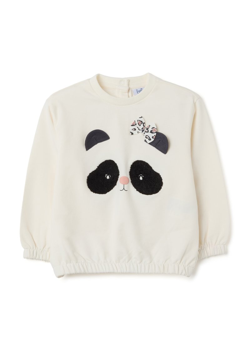 Crèmekleurige peuterhoodie met panda-gezichtontwerp, zwarte oren, gestructureerde oogpatches, een roze neus en een panterprint strik op één oor.