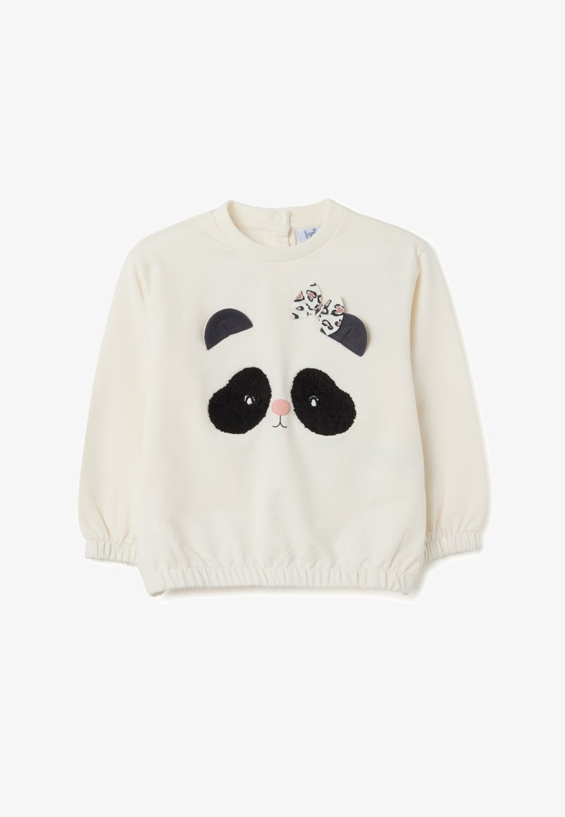 Cremefarbener Sweatshirt für Kleinkinder mit Panda-Gesicht-Design, schwarzen Ohren, texturierten Augentüpfeln, einer rosa Nase und einer Leopardenmuster-Schleife an einem Ohr.