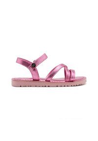 Sandali metallici rosa con cinturini incrociati e chiusura alla caviglia regolabile. Soletta morbida e testurizzata e suola in gomma resistente con trazione.