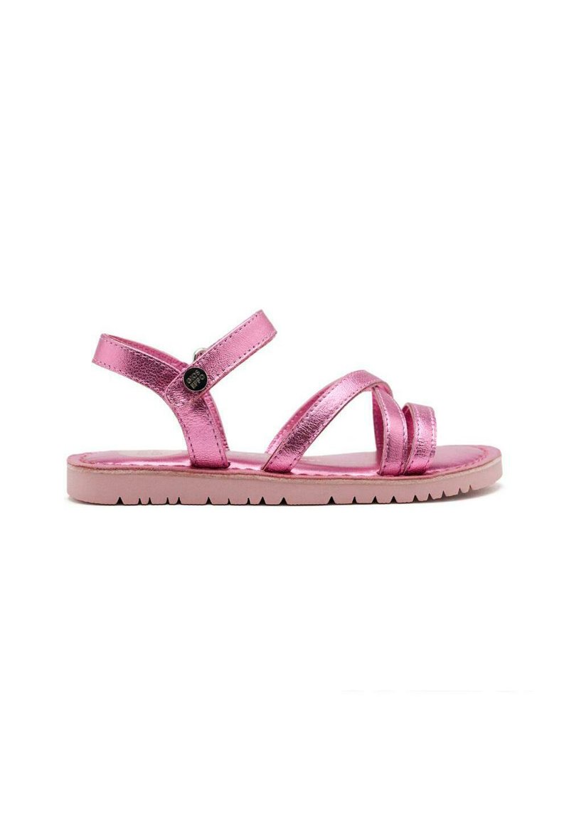 Sandali metallici rosa con cinturini incrociati e chiusura alla caviglia regolabile. Soletta morbida e testurizzata e suola in gomma resistente con trazione.