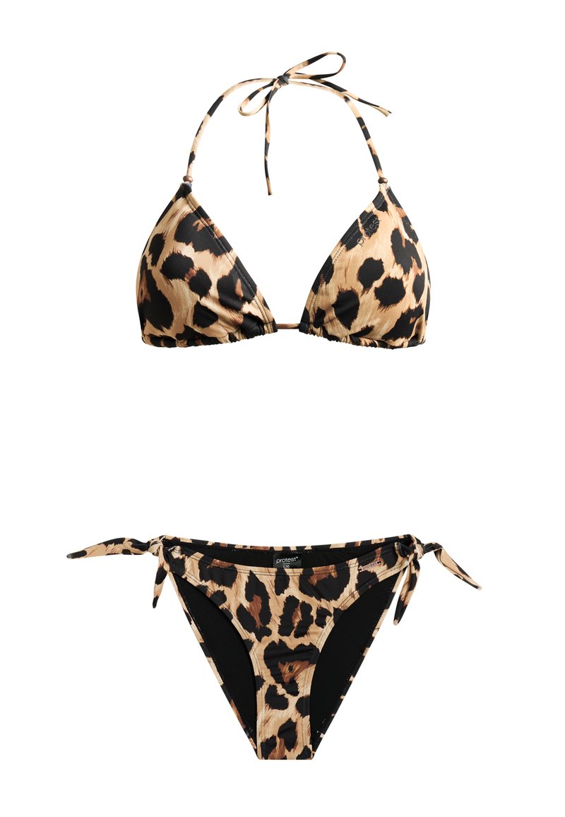Set di bikini con stampa leopardata, composto da un top triangolare con lacci, caratterizzato da una combinazione di colori marrone chiaro e nero, e un pantaloncino fitted con lacci laterali.
