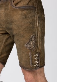 Shorts in suede marrone con ricami decorativi e bottoni lungo il lato. Il design include una finitura testurizzata e cuciture a zig-zag.