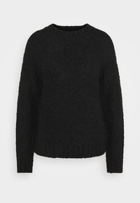 Pull noir à col rond, manches longues et tissu texturé. La taille et les poignets côtelés ajoutent du détail au design.
