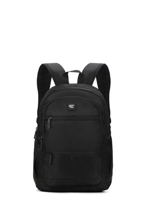 Black backpack with padded shoulder straps, front zip pocket, mesh side pockets, and a smooth, durable fabric surface.