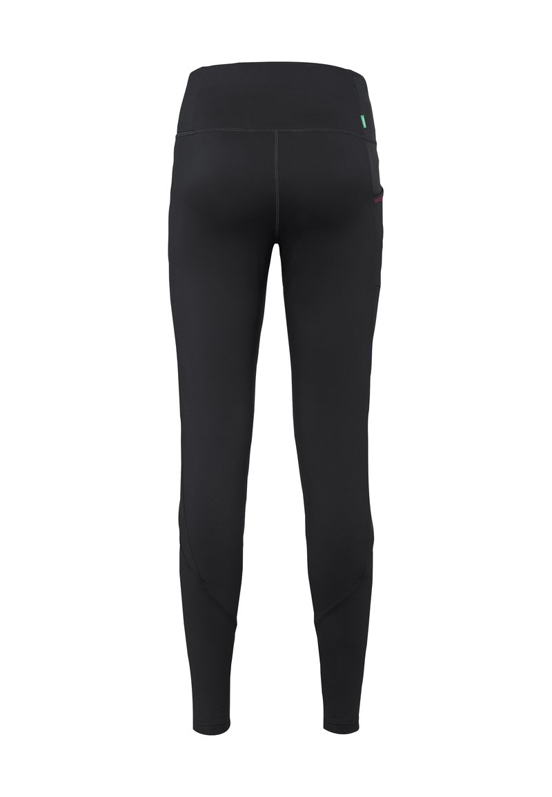 Schwarze Leggings mit einem hohen Bund, ausgestattet mit flachen Nähten, einer glatten Textur und subtilen Farbakzenten an den Seiten.