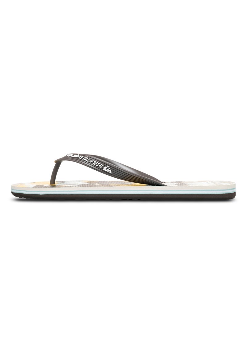 Sort gummiflipp sandal med en bred strop. Sålens overflade prydes af et let mønster i beige og gul, med en kontrastfyldt blå detalje.