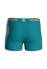 Tyrkysové boxerky s přiléhavým střihem, s oranžovým páskem, na kterém je nápis "DOLPHINS" a logo. Hladká textura, minimální švy.