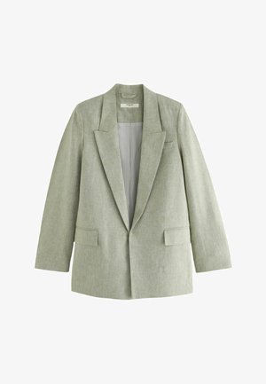 Lichtgroene linnen blazer met notch-lapels, sluiting met één knoop, twee voorkanten zakken en een verticale gestreepte voering.