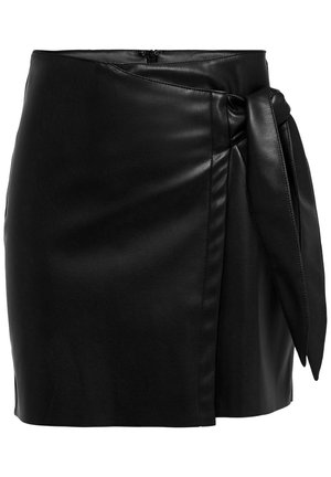 Black leather mini skirt with a wrap design, featuring a side tie detail, smooth texture, and a hidden zipper closure at the back.