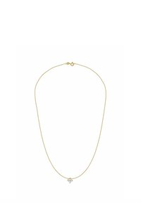 Náhrdelník so zlatým tónom s jemným retiazkym a malým, priehľadným prívlastkom v tvare srdca, ktorý obsahuje jeden stredný drahokam, zabezpečený karabínovým zapínaním.