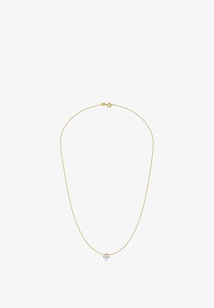 Collana tonalità oro con una sottile catena e un piccolo ciondolo trasparente a forma di cuore con una pietra centrale, chiusa con un moschettone.