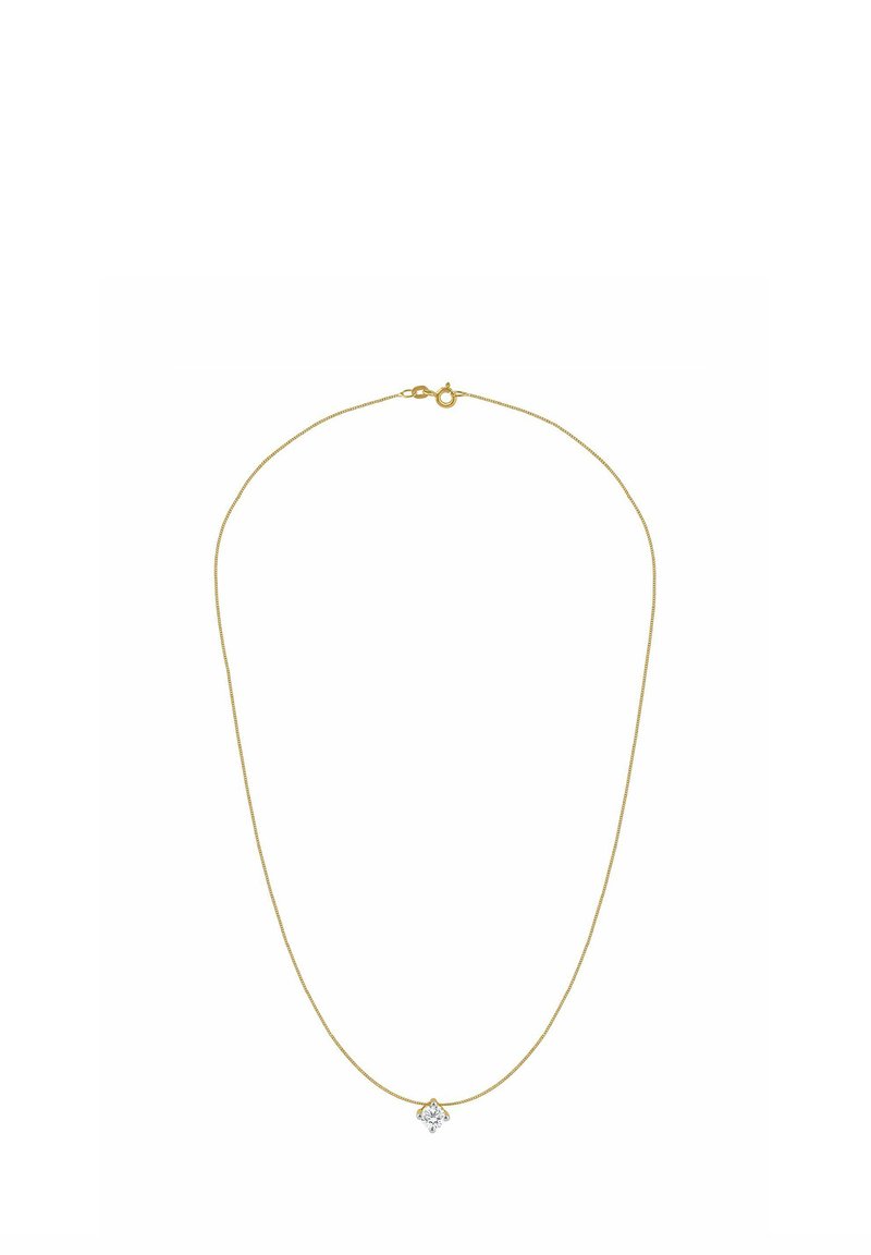 Náhrdelník so zlatým tónom s jemným retiazkym a malým, priehľadným prívlastkom v tvare srdca, ktorý obsahuje jeden stredný drahokam, zabezpečený karabínovým zapínaním.