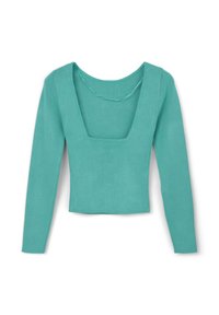 Top turchese a maniche lunghe con scollatura quadrata, realizzato in tessuto morbido e elastico. Il design presenta una silhouette aderente e una texture liscia.