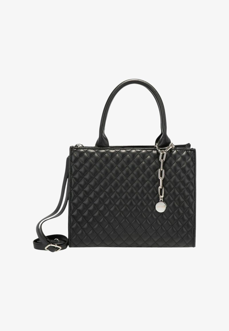 Sort quiltet faux læder håndtaske med dobbelte håndtag og aftagelig skulderrem. Har sølv kæde accent og logo charmer. Firkantet form.
