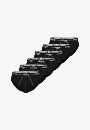 Zes zwarte herenboxers met witte elastische taillebanden met het "Sloggi"-logo, diagonaal gerangschikt op een witte achtergrond.