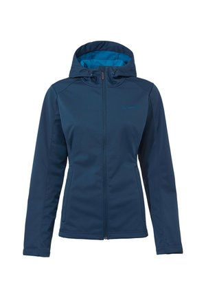 Dark blue softshell jacket with hood, front zipper, and two side pockets, designed for outdoor wear.