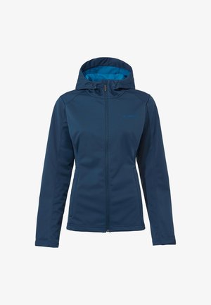 Dark blue softshell jacket with hood, front zipper, and two side pockets, designed for outdoor wear.