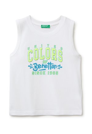 T-shirt blanc sans manches avec le texte « United Colors of Benetton Since 1965 » en jaune et bleu sur le devant.