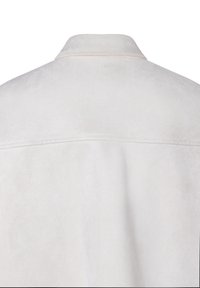 Hellgraue Wildlederjacke mit einfachem Kragen und horizontaler Naht im oberen Rückenbereich.