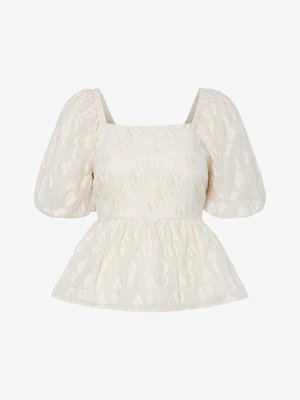 White puff-sleeve top with a square neckline, featuring a textured floral pattern and a gathered peplum hem.